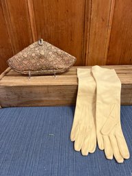 Doeskin Long Gloves (small) And Vintage Clutch