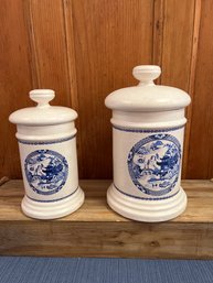 2- Vintage McCoy Pottery Blue Willow Asian Scene White Canister With Lid