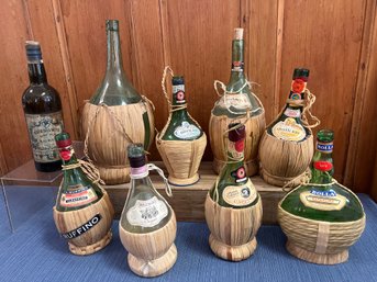60s/70s Vintage Italian Glass Wine Bottles Basket Wrapped Bottles, 1870 Madeira Wine Bottle