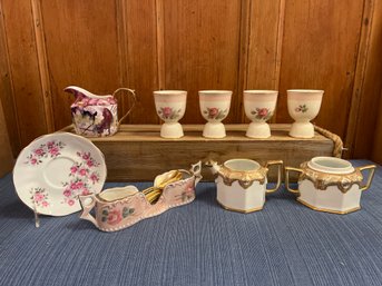 Nippon Creamer And Sugar, 4 Cups, 1 Hand Painted Pitcher, Spoon Holder With 11 Gold Plate Spoons And More