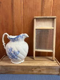 Blue And White Pitcher Made In England And Glass/wood Wash Board