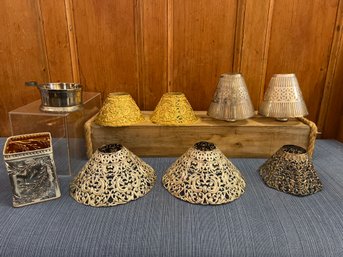 3 Sets Of Silver/gold Plate Candle Shades, 1 Stand Alone Silver Plate Shade, 1 Copper Tin And Bottle Holder