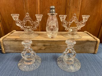 Glass Flower Etched Candle Holders And Snuff Bottle