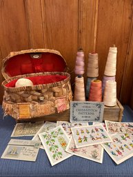 Vintage Cross Stitch Patterns, Sewing Basket And Thread.