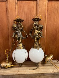 2-Gorgeous Vintage Brass Cherub Pendant Chandelier Lighting Fixture Lamp