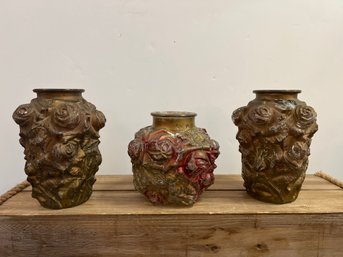 3- Early 1900s Antique Gypsy Goofus Rose Glass Vases