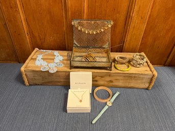 Costume Jewelry: Box, 4 Bracelets, 1 Xandu Watch, Brook And York Necklace And Vintage Acorn Necklace