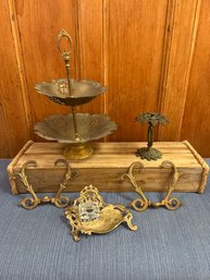Brass Lot: 2 Tier Fruit Bowl, Plate Holder, Inkwell And More