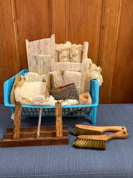 Fabric Pieces, Lace, Vintage Rulers, 2 Dust Brushes.