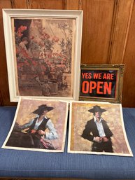 Geraniums 1888 CHILDE HASSAM Print, Yes We Are Open Sign, And 2-Mid Century James Mastin Spanish Matador Print
