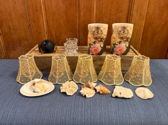 Globe Paperweight, 2 Candle Holders, Flameless Candles, 5 Light Covers, And Shells