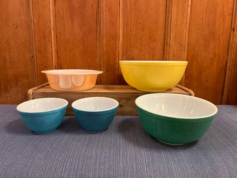 4-PYREX Mixing Bowls, And Fire King Casserole Dish
