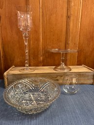 Glass Lot: Candle Holder, Serving Bowl, Cake Stand And Wine Glass