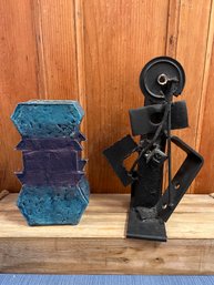 Wrought Iron Abstract Statue And Signed Blue Pottery  Vase