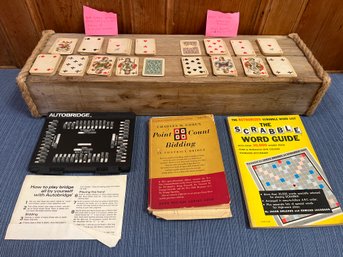 Antique German Playing Cards, Autobridge Game, Point Count Bidding Book, And Scrabble Word Guide.