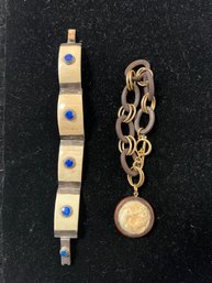 Bone, Sterling, Lapis Bracelet And Bone/wood Koi Fish Bracelet