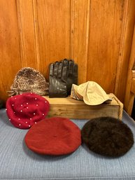 Brown Faux Leather Gloves (s), 3 Beret Hat (brown And Maroon), 1 Knitted Hat And 1 Fisherman Hat