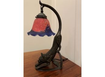 Iron Crouching Cat Lamp Holding Tulip Glass Shade
