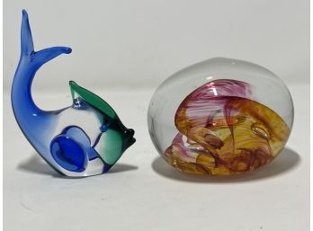 Glass Fish & Signed Glass Paper Weight