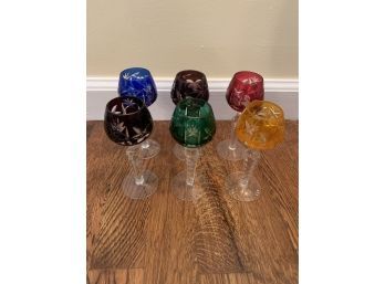 6 Colored Cut Glass Cordial Glassware