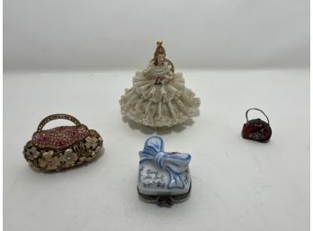 Vintage Red Glass Purse, Floral Purse Trinket Box, Limoges Blue Baby Tooth Box, German Dresden Seated Lady