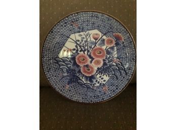 Blue And White Platter With Pink Flower