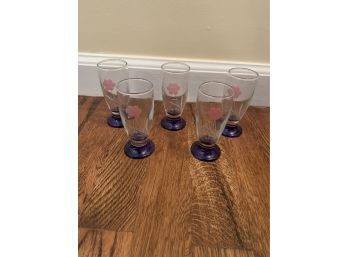 Etched Pink Flower With Blue Bottom Cordial Glassware