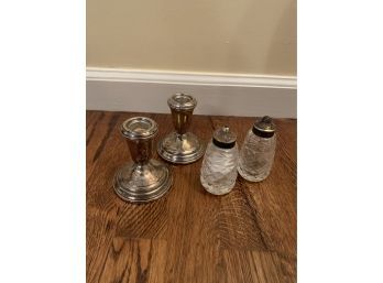 2 Sterling Weight Candelabras And Salt/pepper Shakers