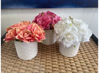 3- Ceramic Planters With Faux Roses