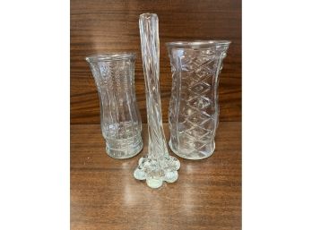 One Hand Blown Tall Glass Bud Vase And Two Vintage Glass  Florist  Vases