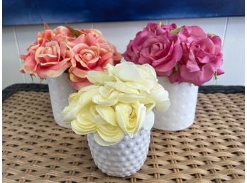 3- Ceramic Planters With Faux Flowers