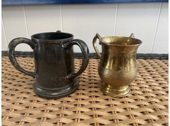 Quadruple Silver Plated Queen Silver Company 3 Handle Mug And Brass Judaica Cup