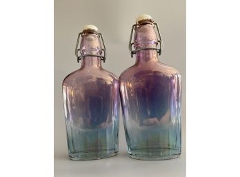 Two Vintage Iridescent Flask Glass Bottles Made In Italy