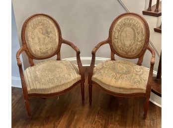 Antique Victorian Needlepoint And Silk Chairs With Exquist Hand Carved Wooden Frame