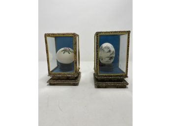 Vintage Chinese Hand Painted Egg In Glass Display Case Peacock Flowers