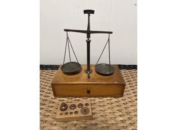 Antique Wood Scale With Weights And A Draw