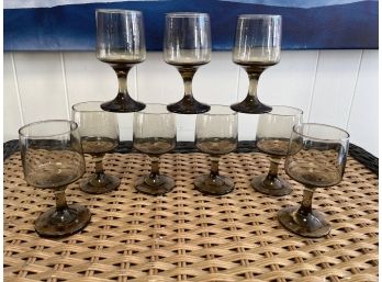 9- Mid Century Libbey Tawny Accent Brown Smoke Stemmed Medium Glass Goblets