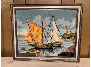 Vintage Needlepoint Boats Artwork