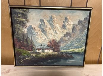 Signed Acrylic/oil Painting Of Mountains And Cabin By River