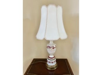 Lovely Porcelain And Brass  Double Pull String  Table Lamp With Mauve And Gold Tone Accents
