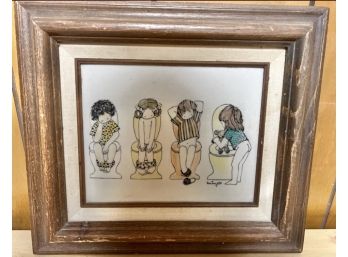Vintage Framed Etched Painting On Ceramic Signed Avis Joy 'Potty Pals'