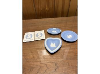 3 Wedgwood England Blue Trinket Trays. Heart, Circle And Circle Scalloped Edged
