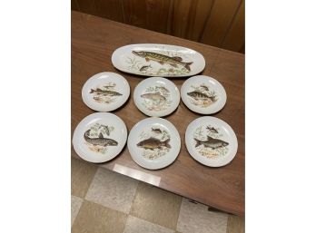 Naaman Israel Fish Porcelain Set 6 Appetizer Plates And 1 Tray
