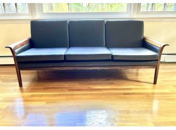 Mid Century Modern Black Leather And Rosewood Sofa