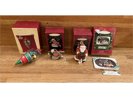 4- Hallmark Keepsake Ornaments: Bobbin Along, Sylvester And Tweet Peek-a-boo, 2001 Our Family & Santas Friend