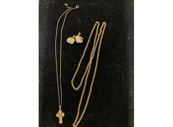 Napier Costume Clip On Earrings, Gold Tone Necklace And Soldori Celtic Cross And Gold Tone Chain