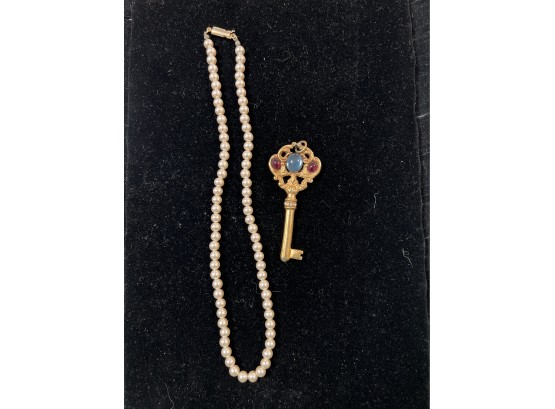 Real Pearl Necklace And GoldTone Key Charm