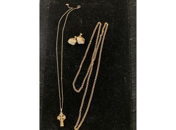 Napier Costume Clip On Earrings, Gold Tone Necklace And Soldori Celtic Cross And Gold Tone Chain
