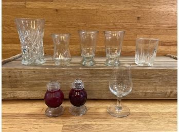 Random Lot: Red Salt/pepper Shakers, 3- Glass Juice Glassware, 1- Cordial Glassware And 1 Lead Glass Base