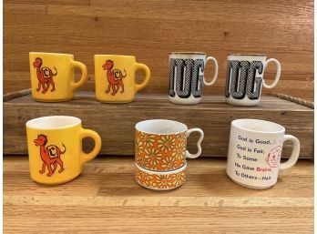2 George Briard Mugs, 3-yellow Camel Mugs, 1- Flower Mug With Ashtray And 1- Funny Mug